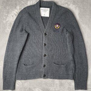 Y2K Vintage A&F Men's Gray M V-Neck Cardigan Sweater Preppy Ivy Crest Logo